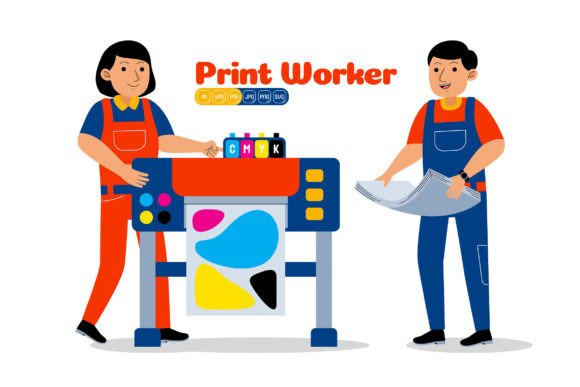 Man and Woman Print Worker Profession Illustrations
