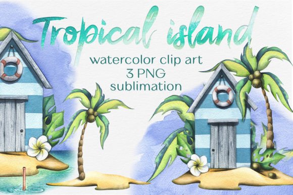 Tropical Island Beach Watercolor Clipart for Your Projects